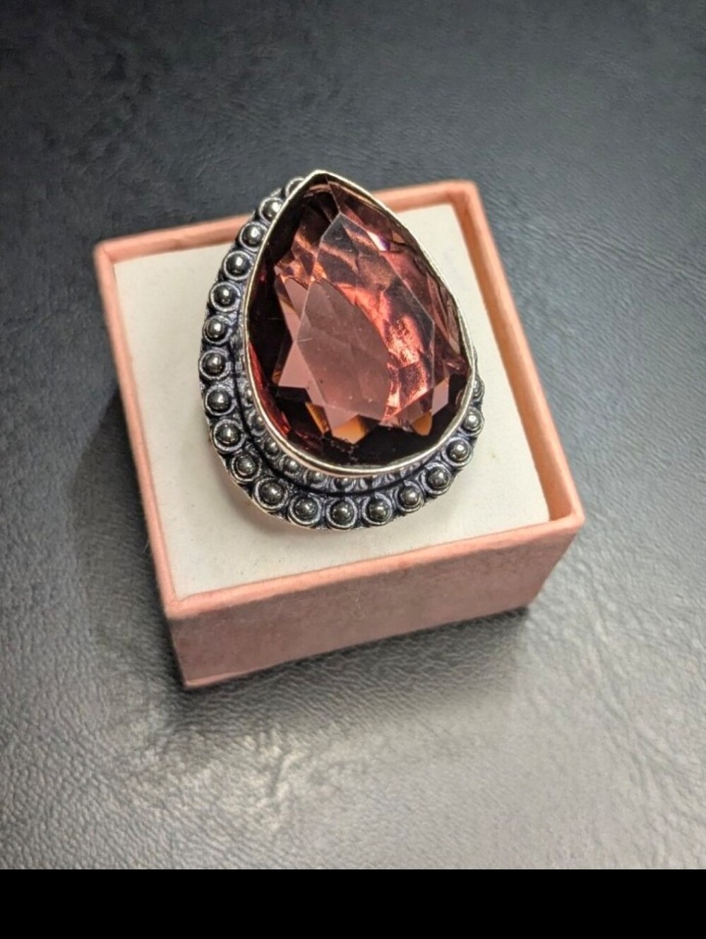 Brilliant Faceted Amethyst Teardrop Silver Beaded Setting Ring SZ 8.75